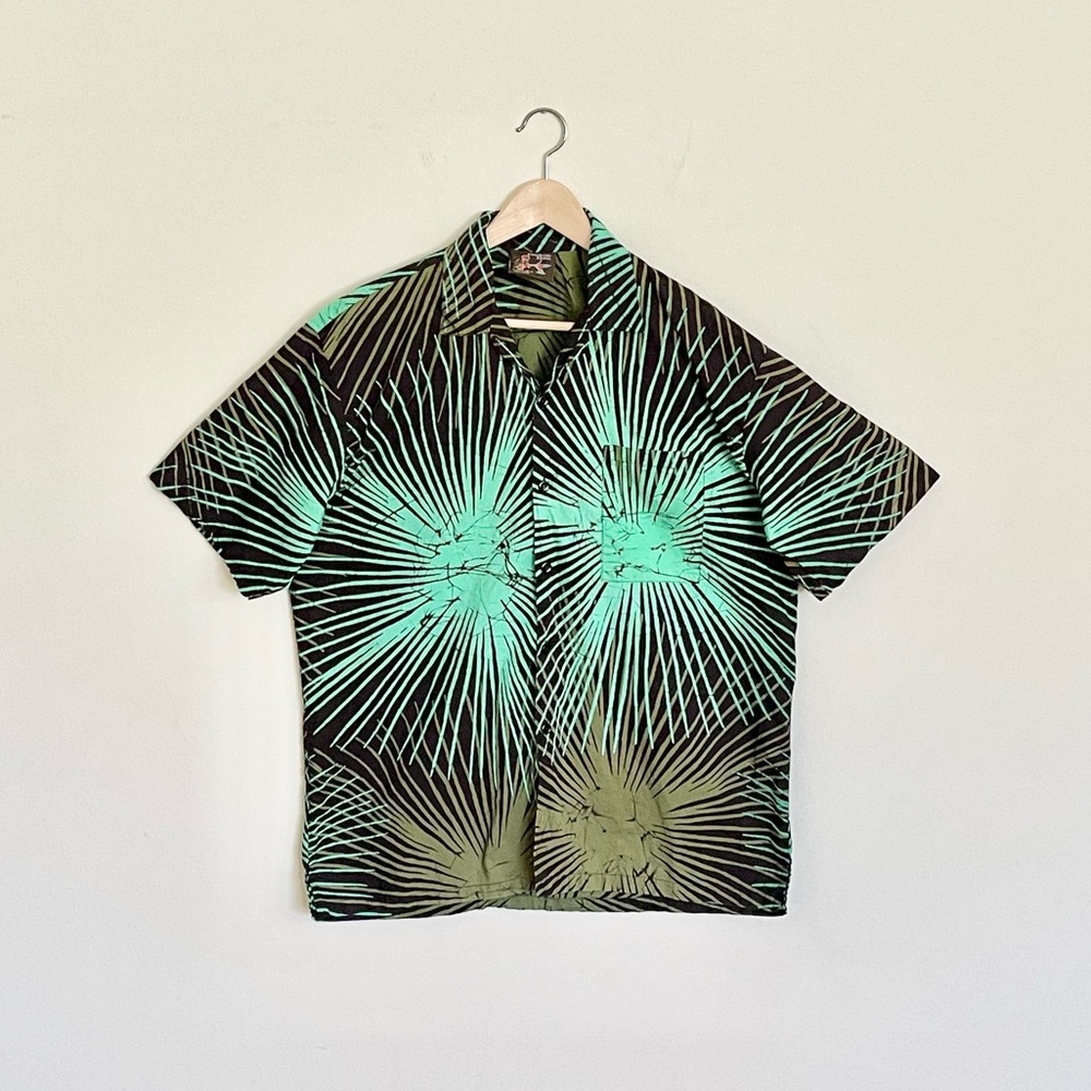 Vintage 90s Caribelle Batik Radial Burst Turquoise Button Down Shirt Men’s M OS